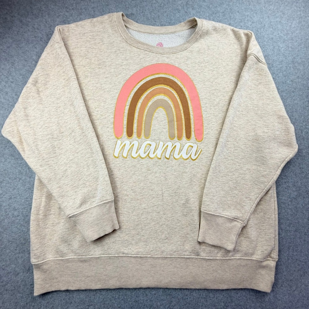 PositiviTees Mama Rainbow Sweatshirt XL Tan Oatmeal Heather Glitter Graphic
